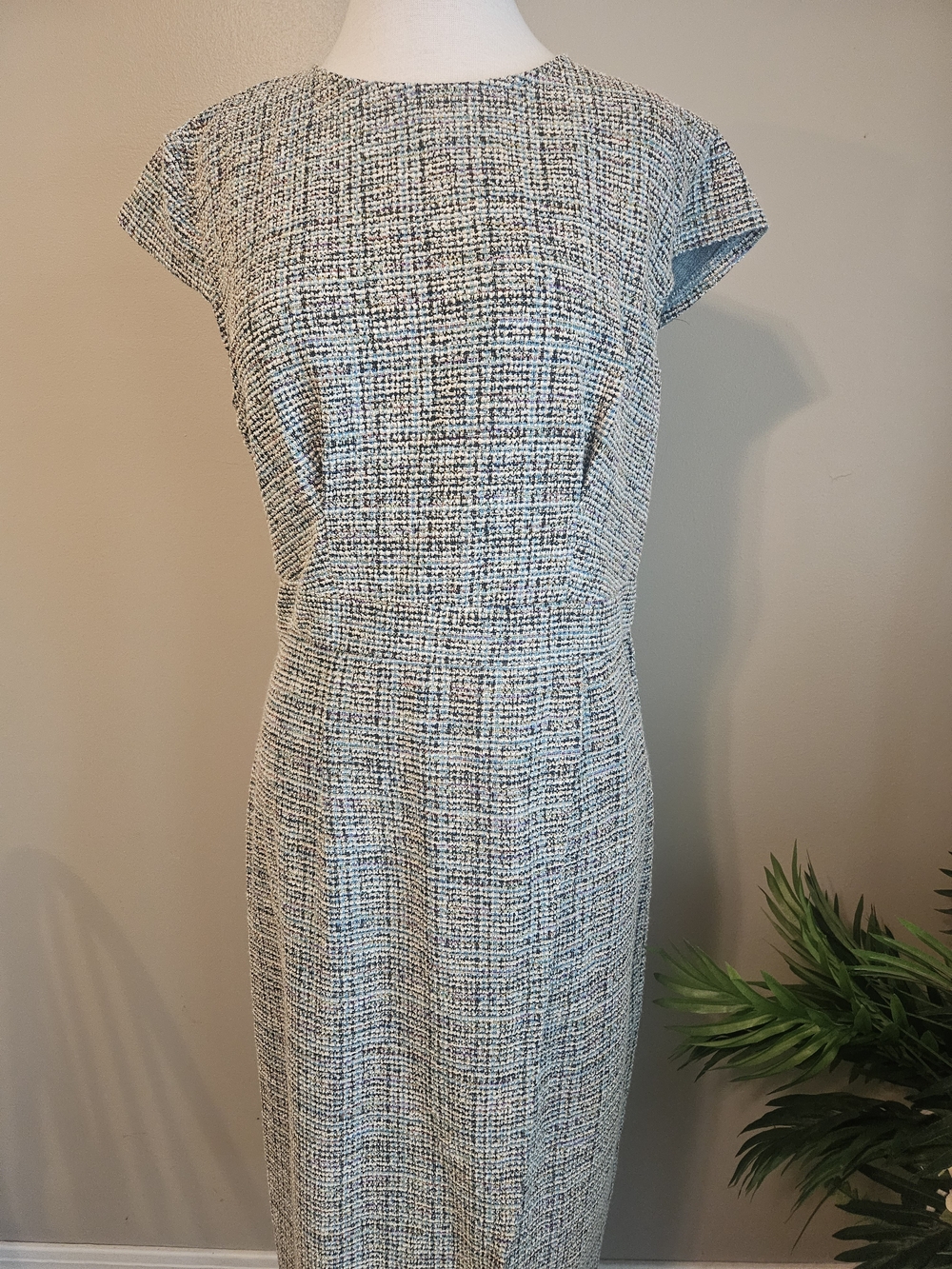 Tailored Tweed Midi Dress in Light Blue and White